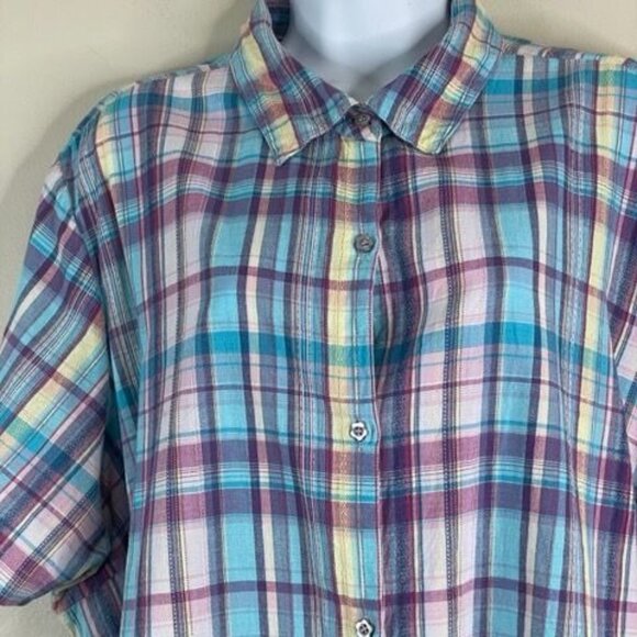 Vintage Plaid Camp Shirt Top Womens 3X Button Up Classic Preppy Colorful Crisp - Picture 2 of 9